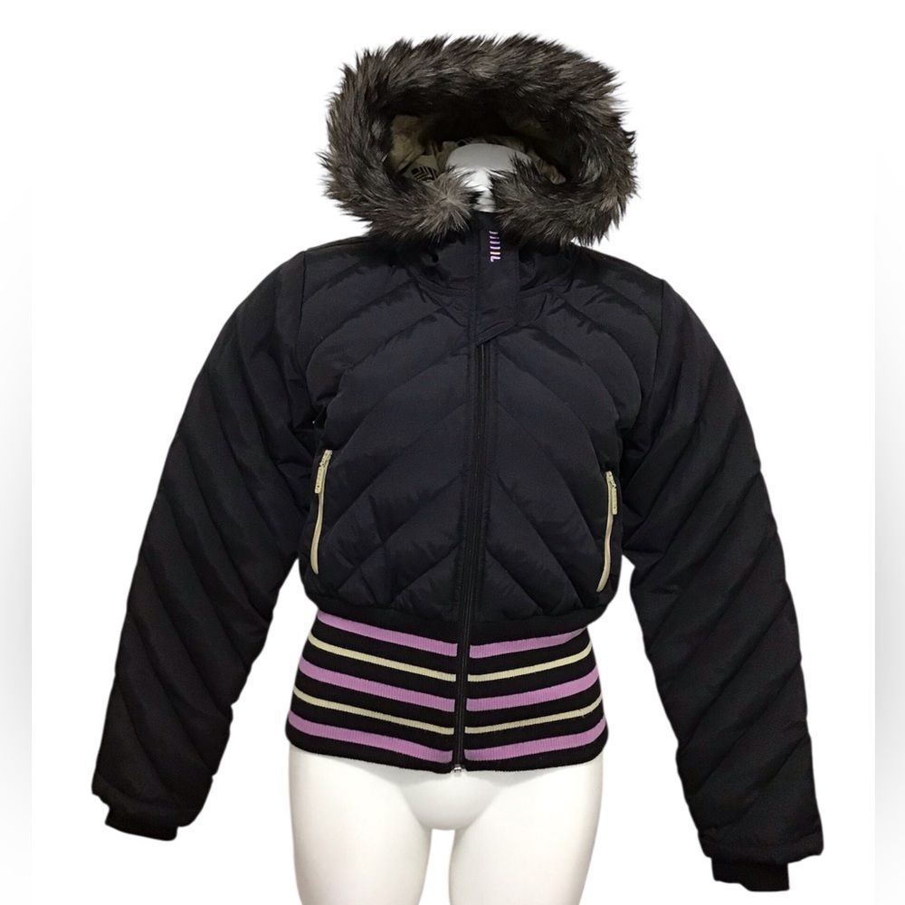 Fila Jacket Black Y2K Puffer Cropped Fur Trim Hood Goose Filled Vintage Size M